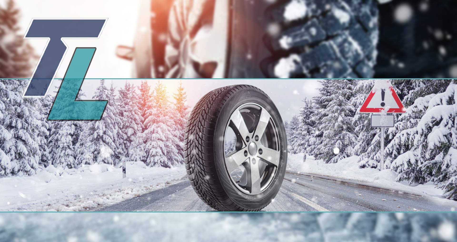 winter changeover services from Tireland Heavy Duty Automotive. This image shows a car tire on a snowy road with snow on the trees which looks like a winter's day